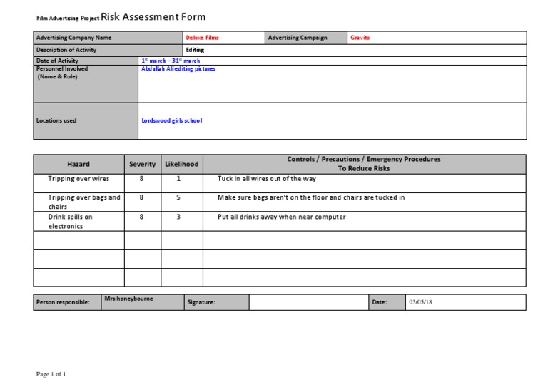 Risk Assessment Form 1 | PDF