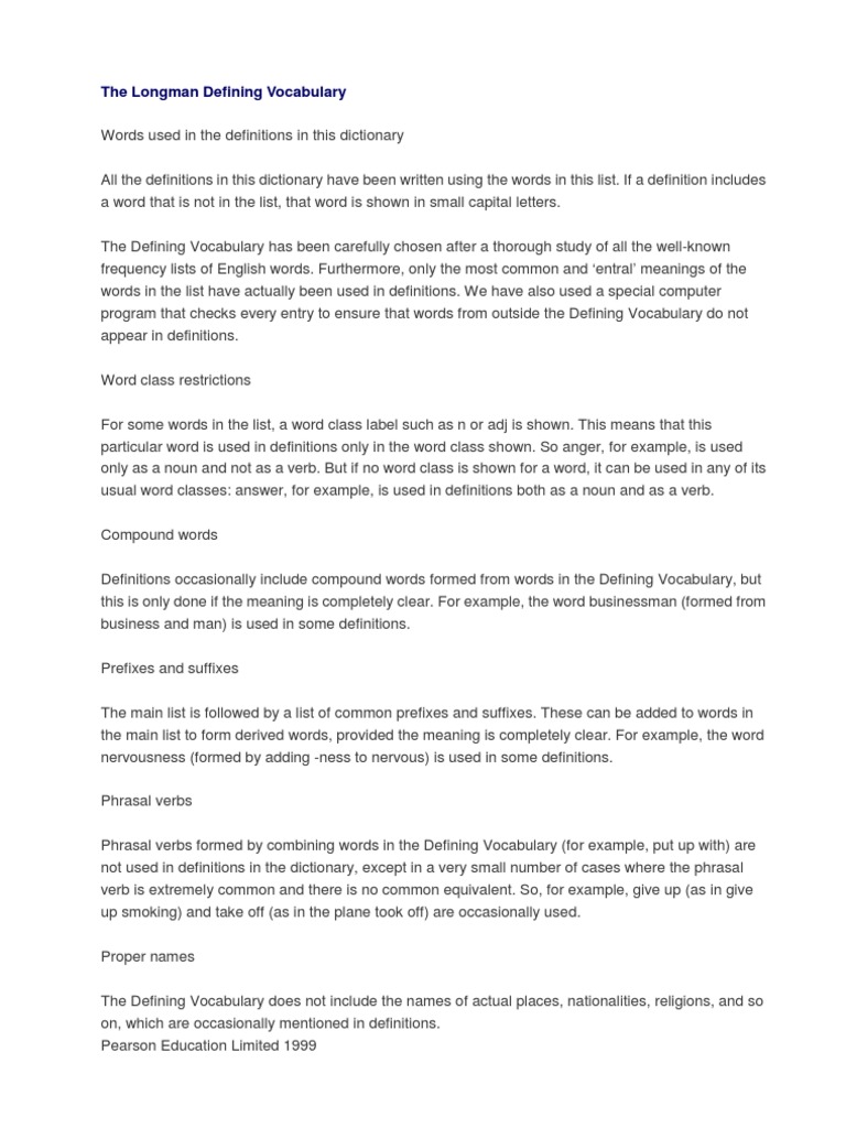 The Longman Defining Vocabulary PDF Part Of Speech Word