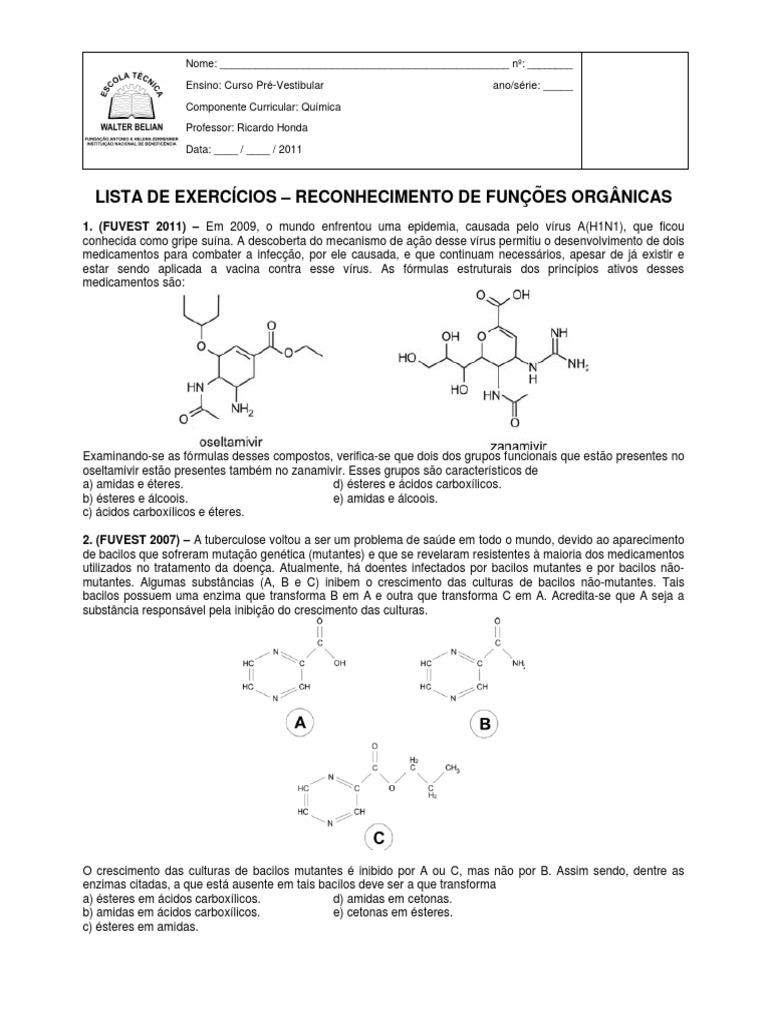 Exercícios sobre Funções Orgânicas | PDF | Vírus | Carbono