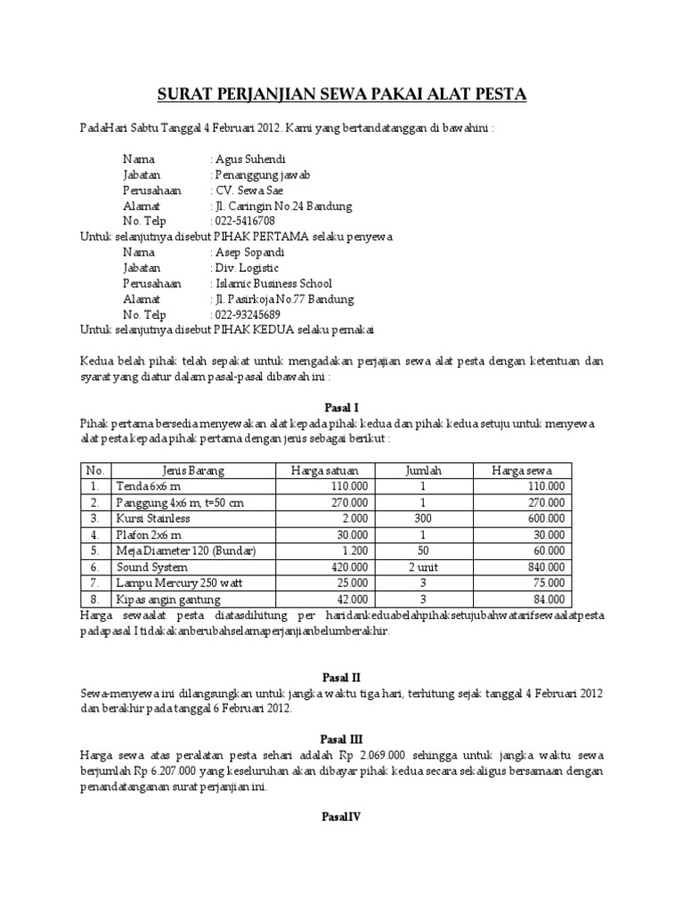 Contoh Surat Perjanjian Sewa Menyewa Sound System Contoh