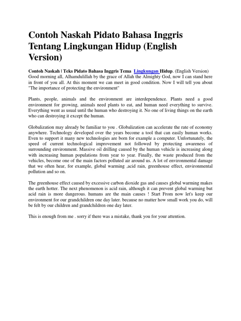 Contoh Teks Pidato Singkat Berbahasa Inggris Kumpulan