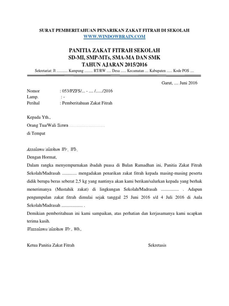 Surat Zakat Fitrah Sekolah