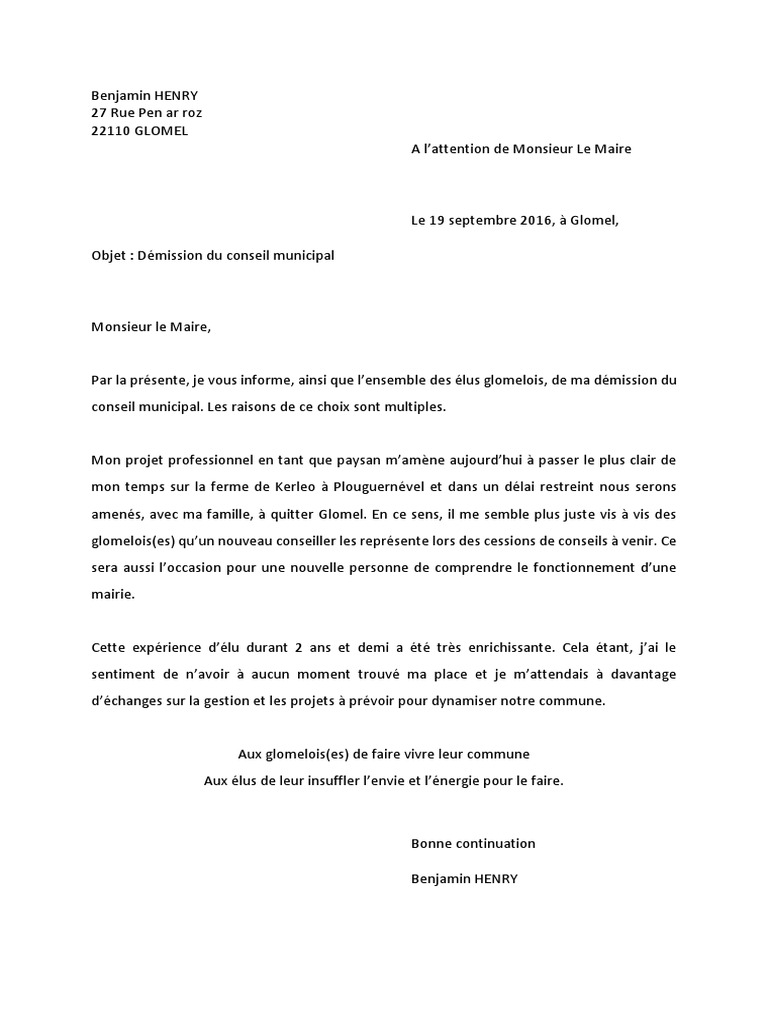 Lettre Demission D Un Conseiller Municipal De Glomel Pdf