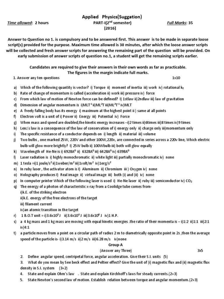 2024 Polytechnic 2nd Sem Physics Paper | PDF | Momentum | Force