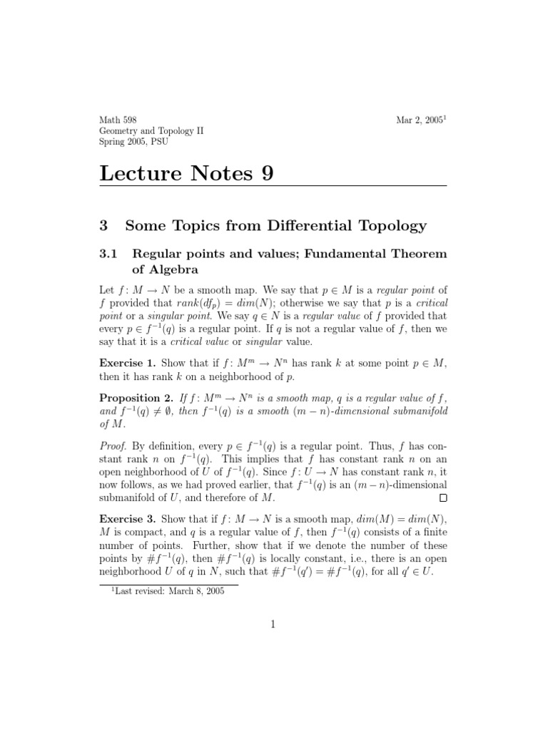 Lecture Notes 9: 3 Some Topics From Differential Topology | PDF ...