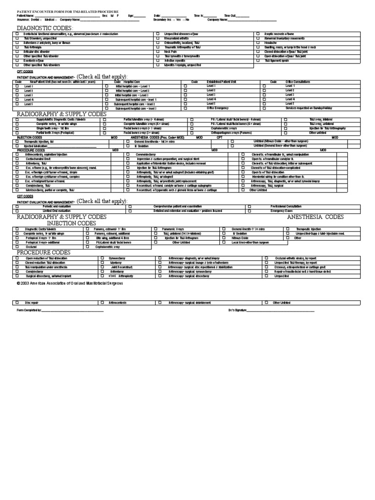 Diagnostic Codes Patient Encounter Form For TmjRelated Procedure