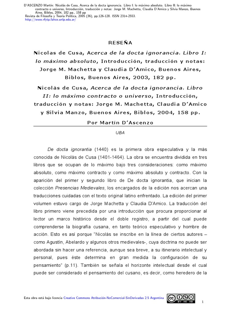 RESEÑA - Nicolasde Cusa PDF | PDF | Traducciones | Metafísica