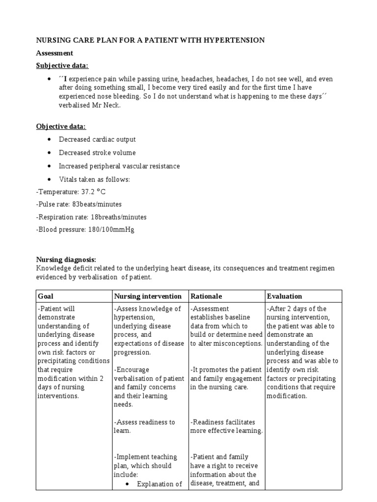 Nursing Care Plan for Hypertension | PDF | Hypertension | Heart