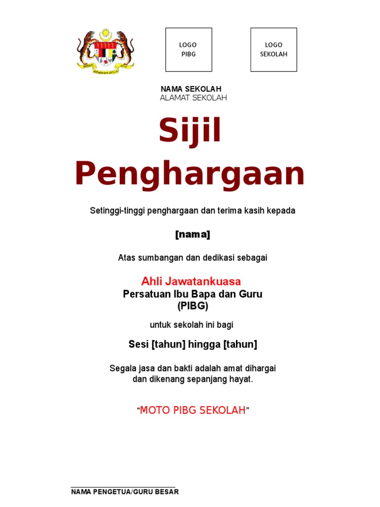 Contoh Sijil Penghargaan Pibg