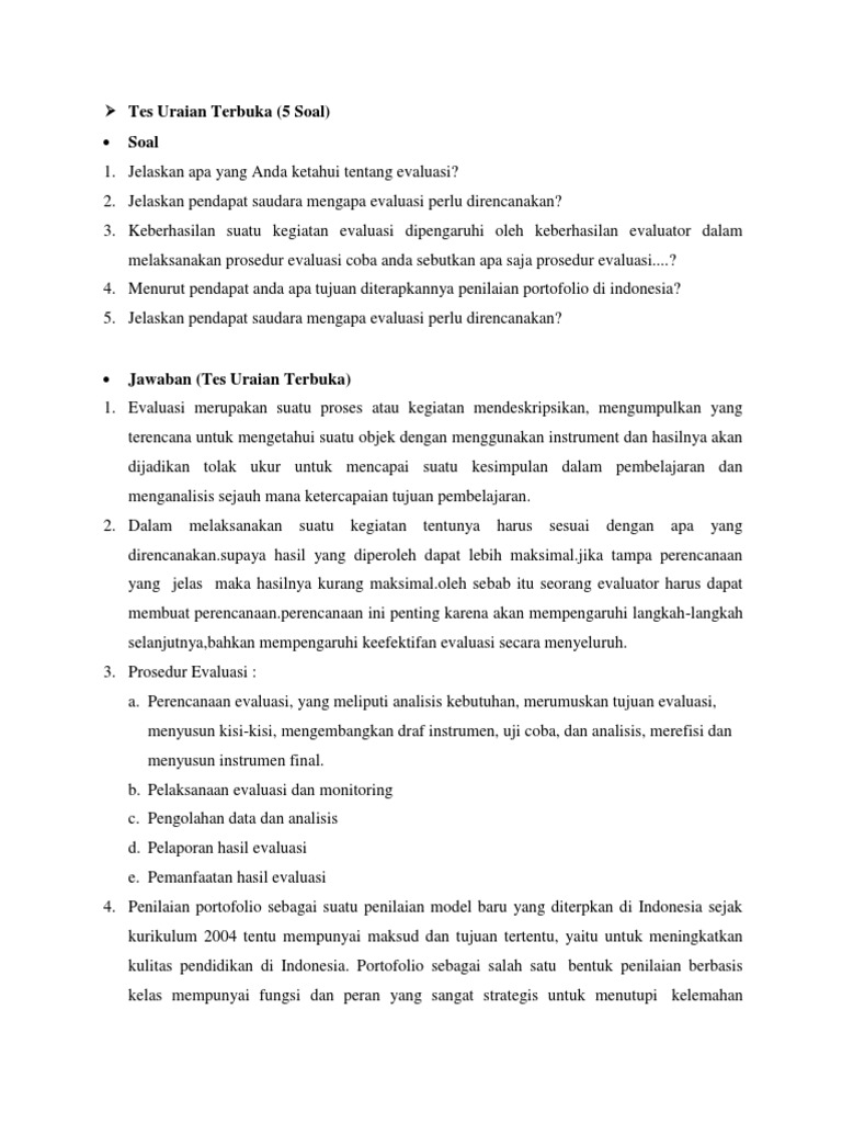 Soal Tes Essay Mata Kuliah Evaluasi Pembelajaran