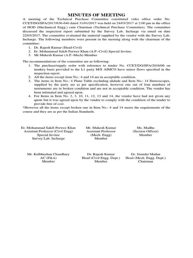 Minutes of meeting purchase committee pdf specification technical