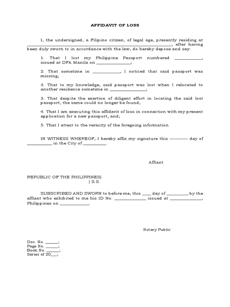 Sample Affidavit of Loss of Passport - Philippines | PDF