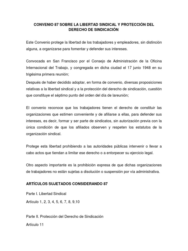 Convenio 87 Sobre La Libertad Sindical