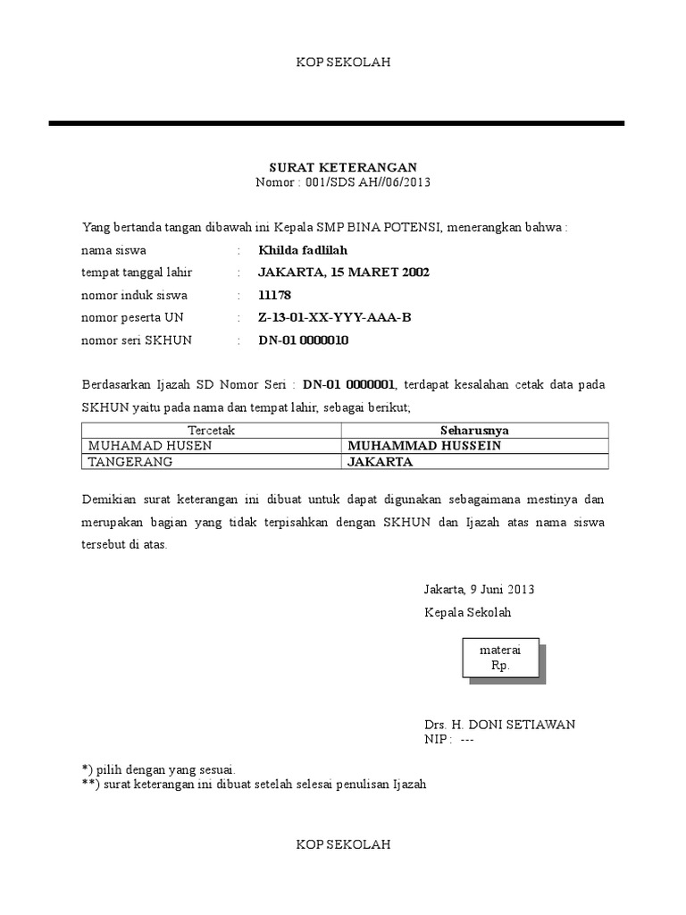 Surat Keterangan Salah Tulis Skhun Dan Ijazah Pdf