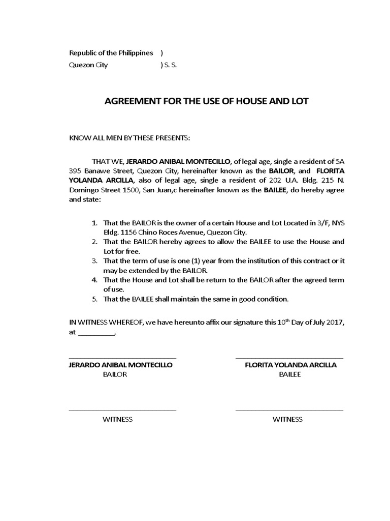 Agreement For The Use of House and Lot PDF Official Documents