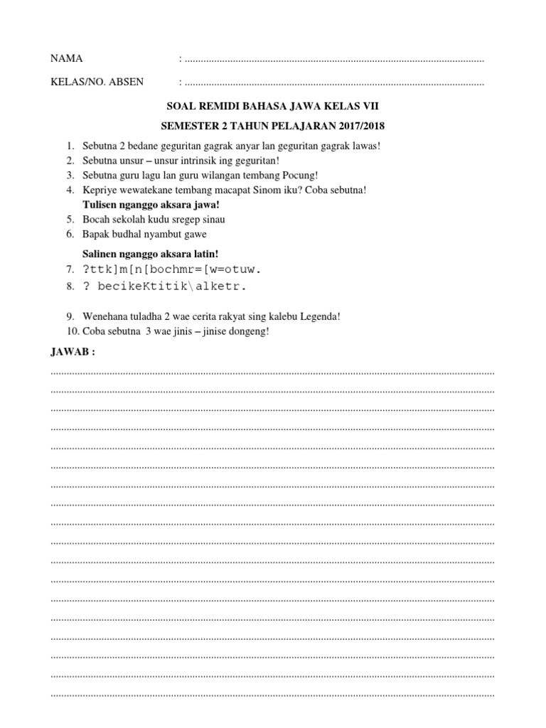 Soal Remidi Bahasa Jawa Smt 2