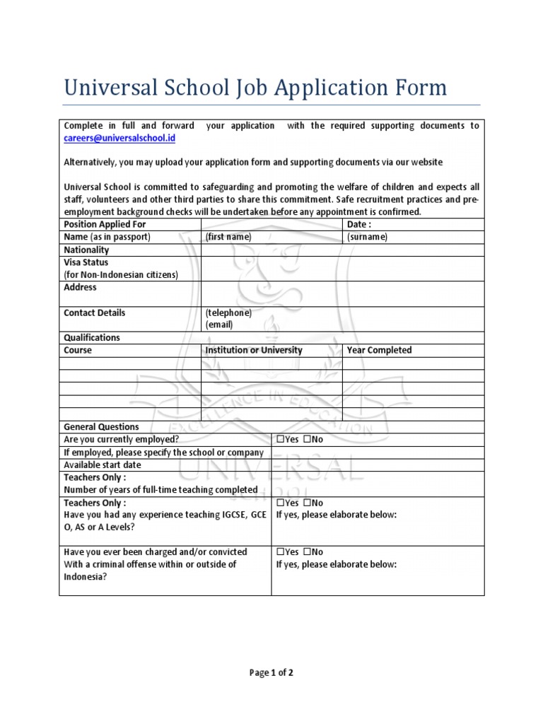 Universal School Job Application Form | PDF | Employment | Government