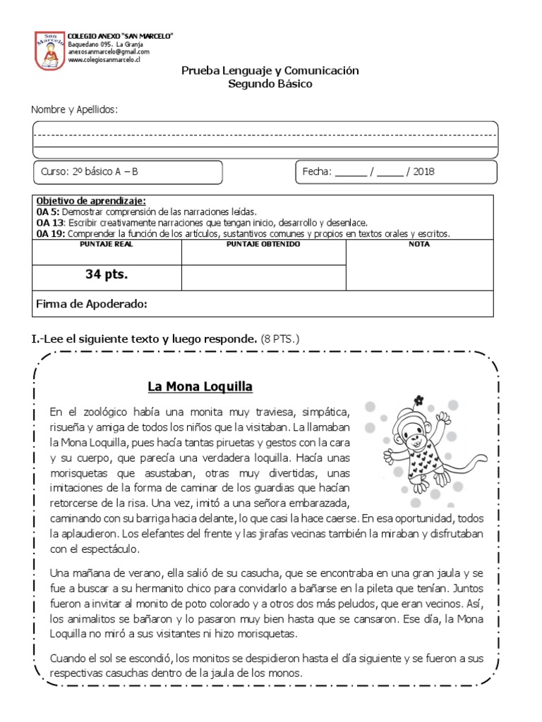 Prueba de Lenguaje Segundo Básico | PDF