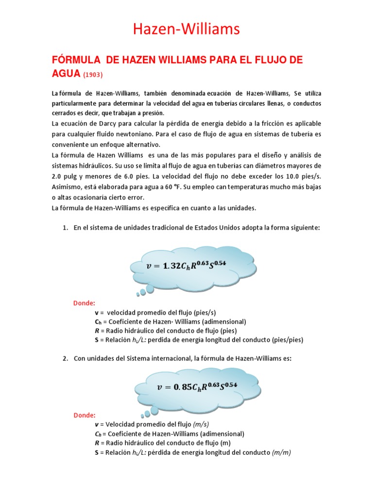 Formula de Hazen Williams para El Flujo de Agua | PDF | Tubería ...