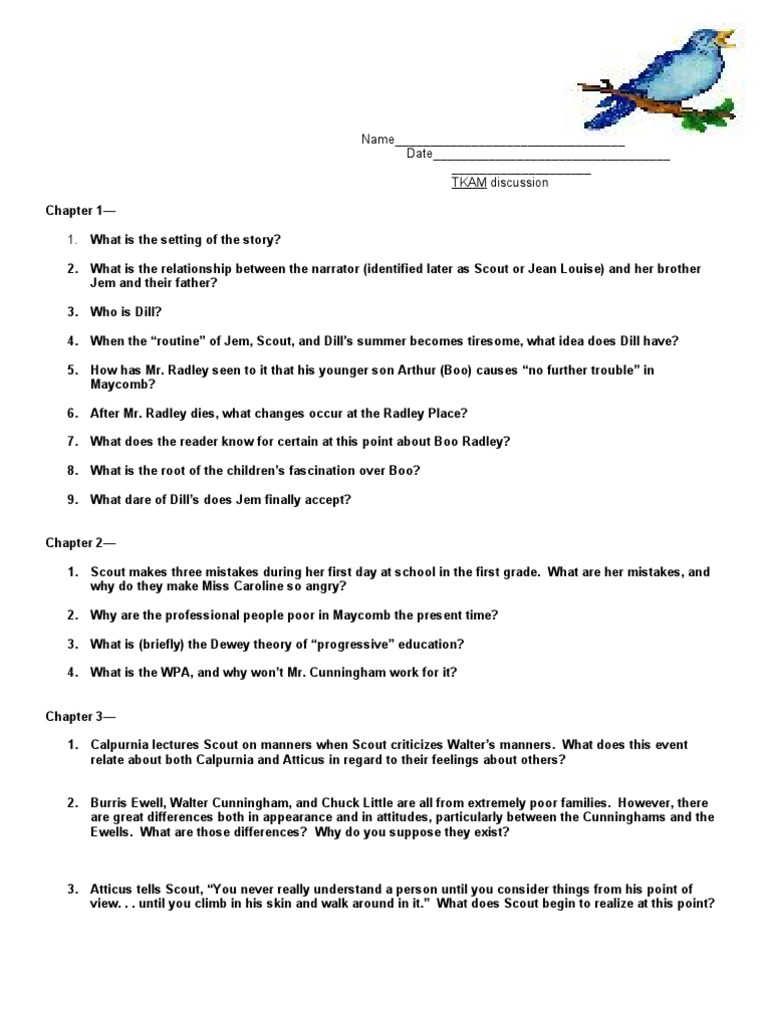 TKAM Chapter Discussion Questions 1-7 | PDF | To Kill A Mockingbird