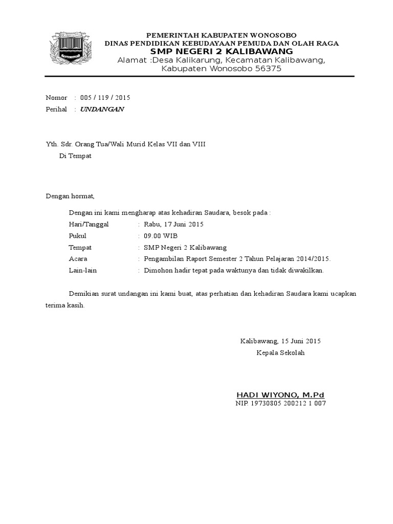 Surat Undangan Pengambilan Raport