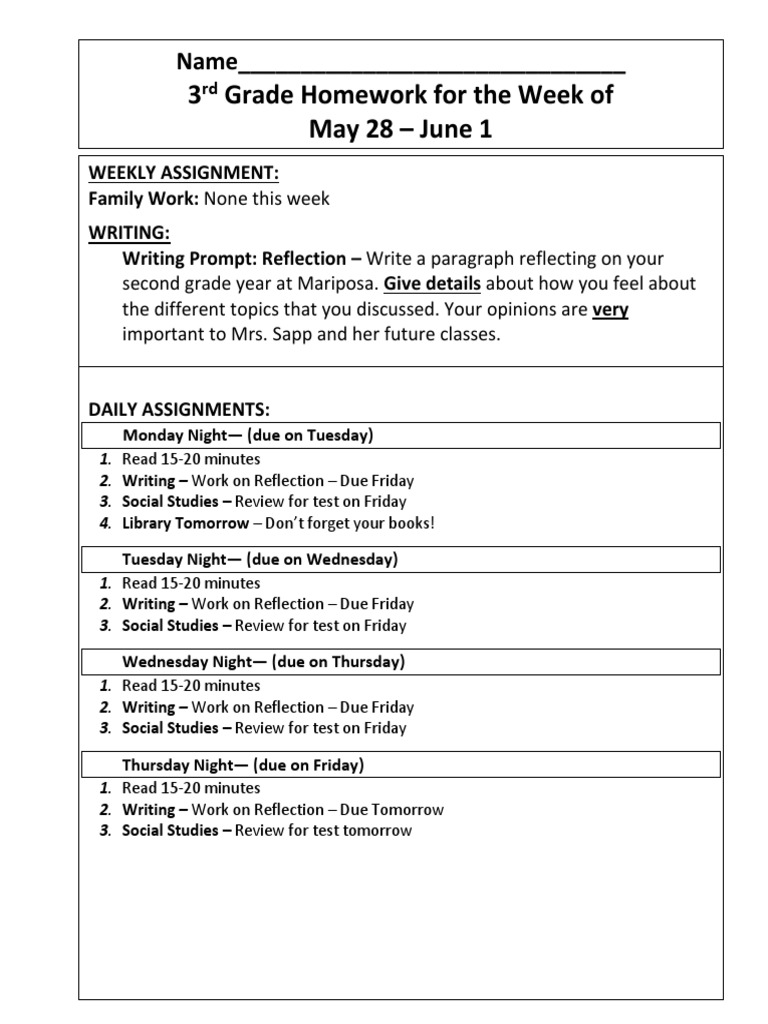 3rd Grade Homework: May 28 - June 1 | PDF