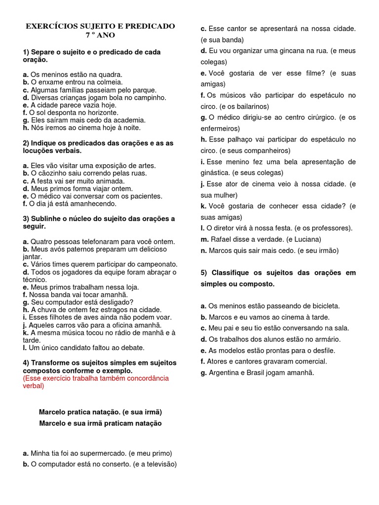 Atividades de Sujeito e Predicado 7º Ano | PDF | Predicado (gramática ...