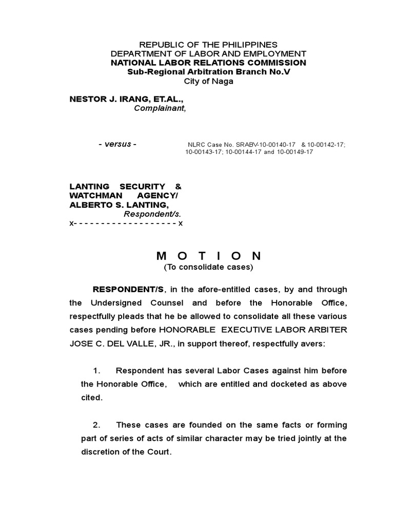 Motion to Consolidate Labor Cases PDF Arbitration Justice