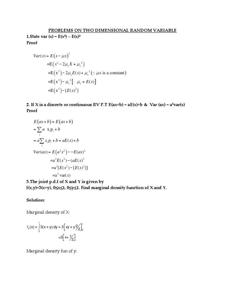 Problems On Two Dimensional Random Variable Probability Density Function Variance