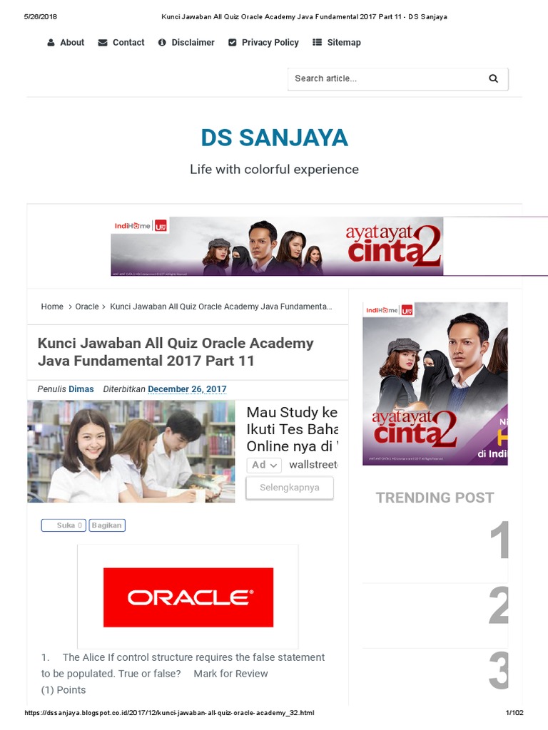 Kunci Jawaban All Quiz Oracle Academy Java Fundamental 2017 Part 11 - Ds Sanjaya Pdf Inheritance Object Oriented Programming Class Computer Programming