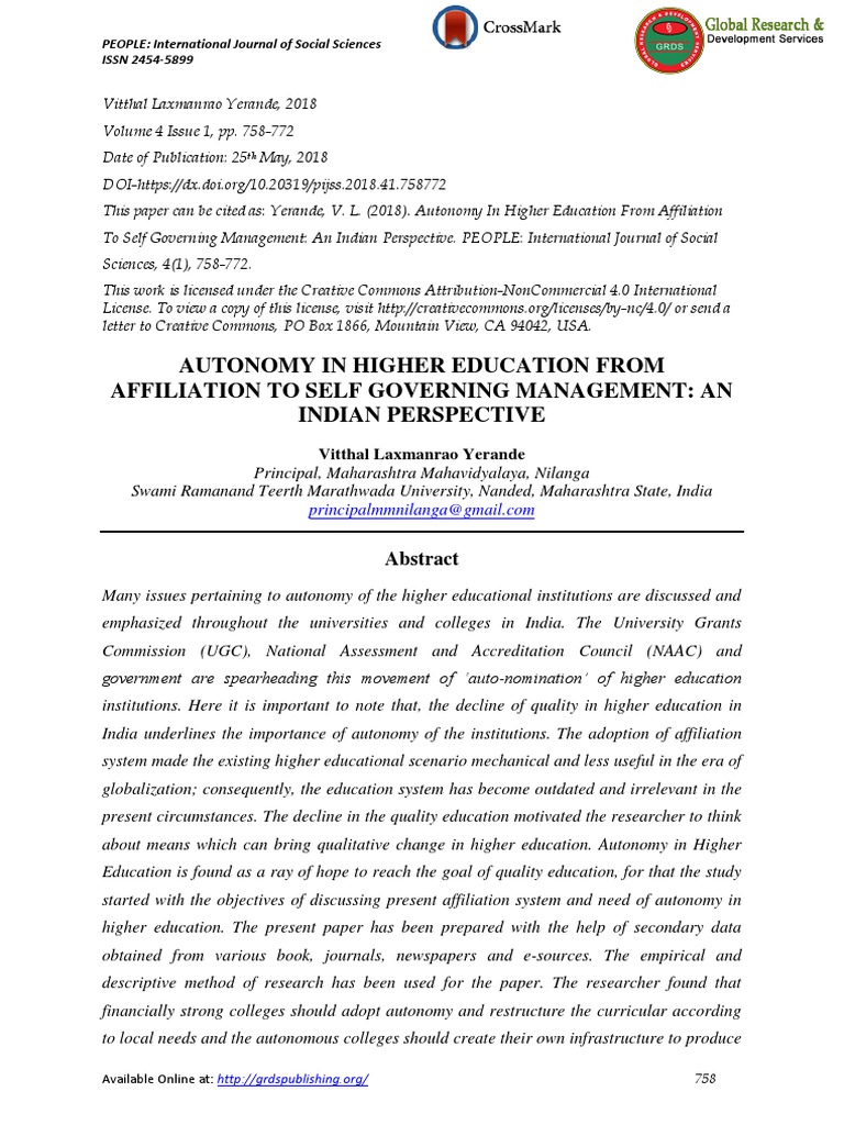 Autonomy in Higher Education From Affiliation To Self Governing ...