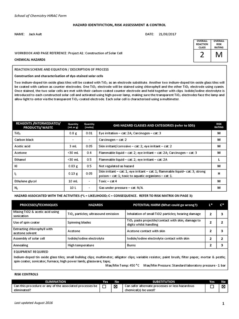 Hazard Identifiction, Risk Assessment & Control School of Chemistry