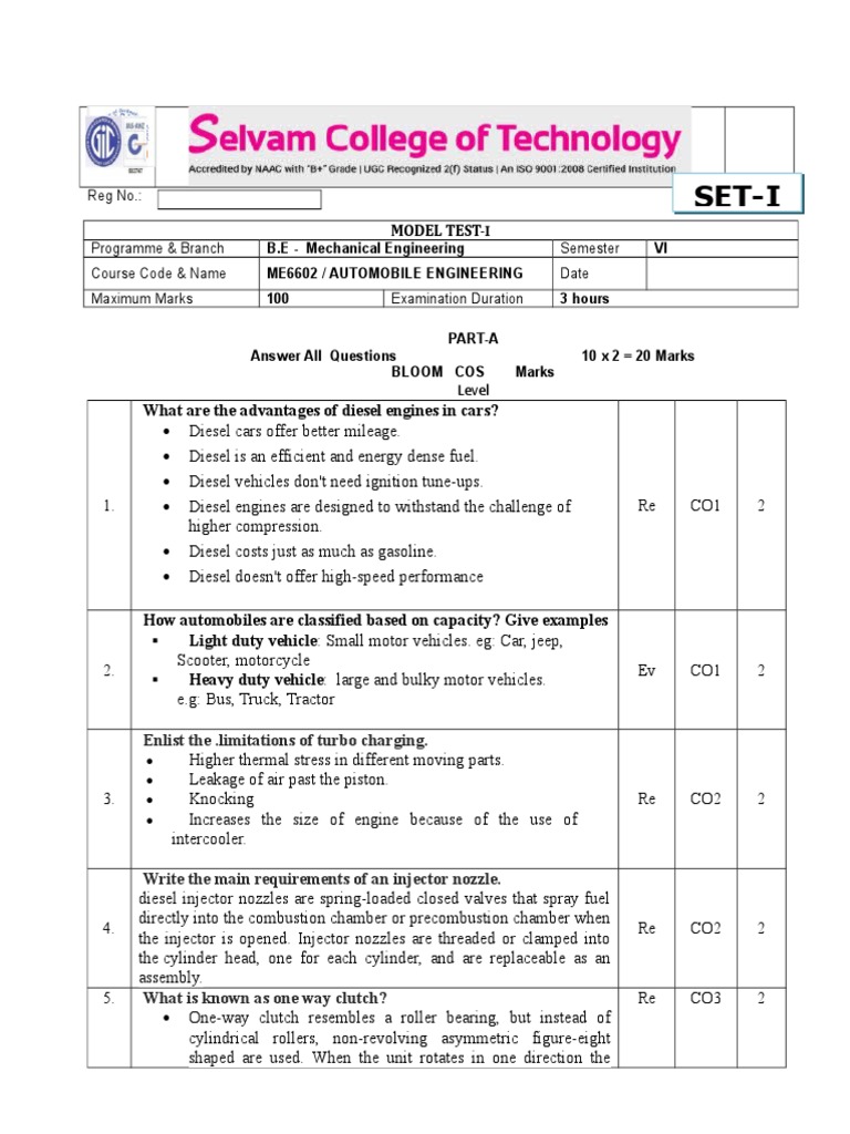 Automobile Engineering Model Exam Question Paper PDF Diesel Engine
