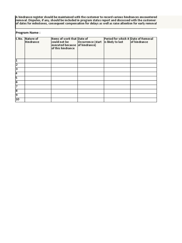 Hindrance Register Template