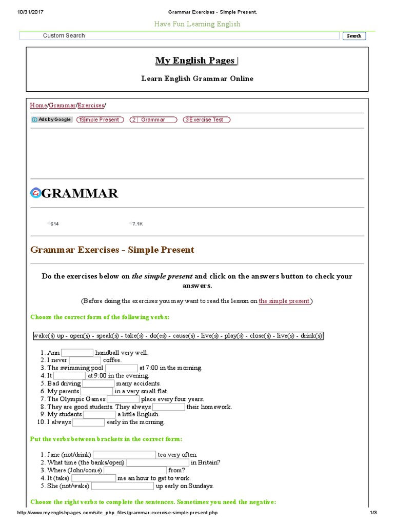 Simple Present Exercises and Answers | PDF | English Language | Grammar