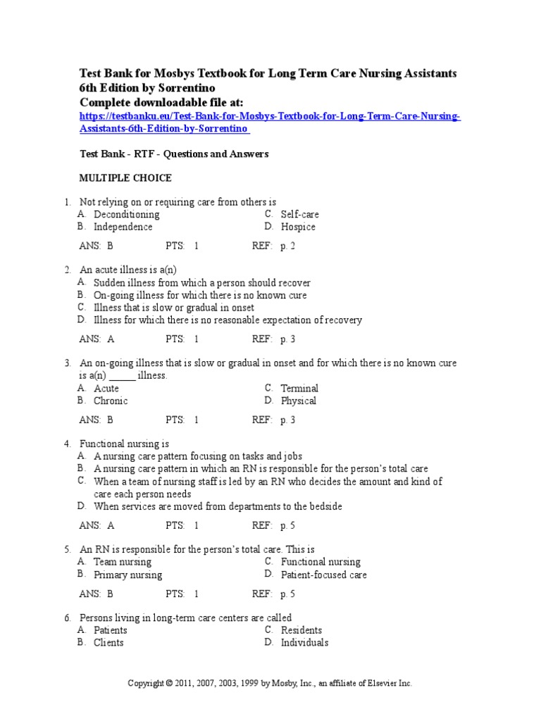 Test Bank For Mosbys Textbook For Long Term Care Nursing Assistants 6th ...