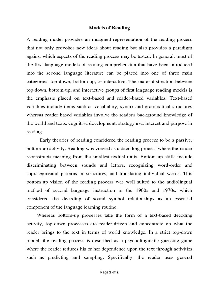 Models of Reading PDF Top Down And Bottom Up Design Reading (Process)