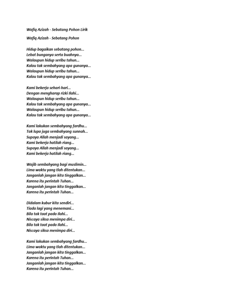 Lirik Lagu Sebatang Pohon