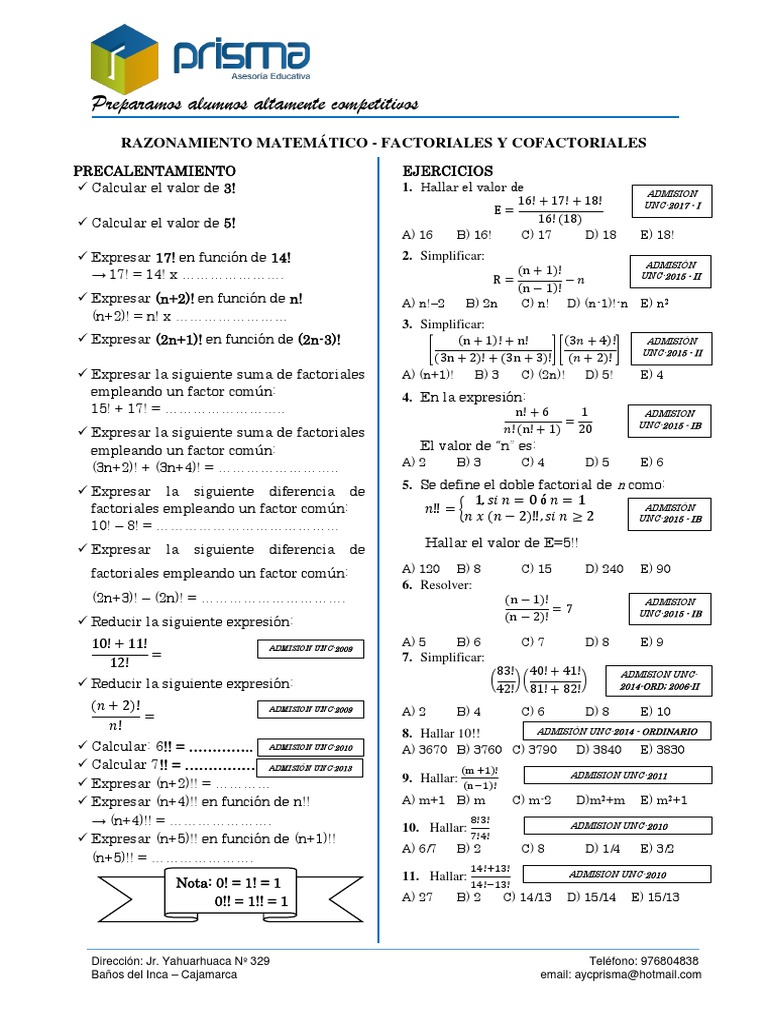 Ejercicios de Factoriales y Cofactoriales | PDF | Enseñanza de matemática