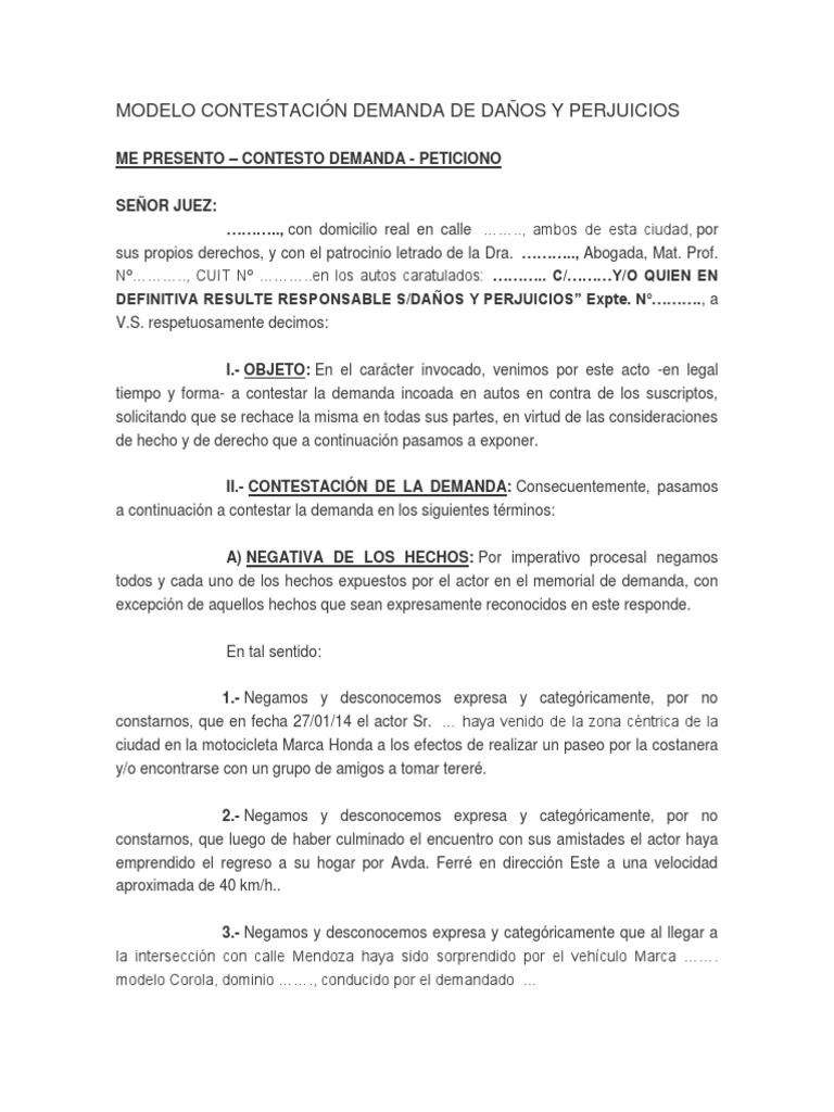 Modelo Contestacion Demanda De Danos Y Perjuicios Demanda Judicial Caso De Ley