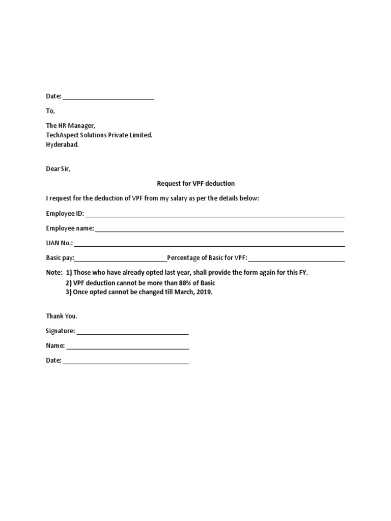 VPF Deduction Request Letter Template | PDF | Finance & Money Management