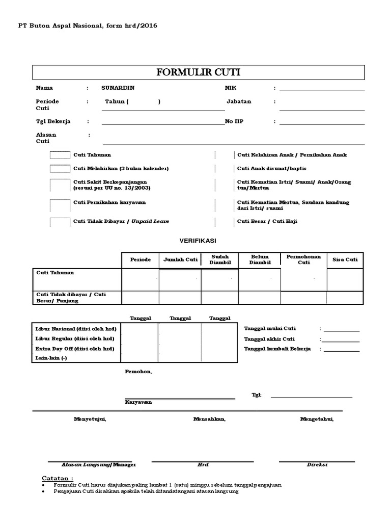 Formulir Permohonan Cuti Karyawan | PDF