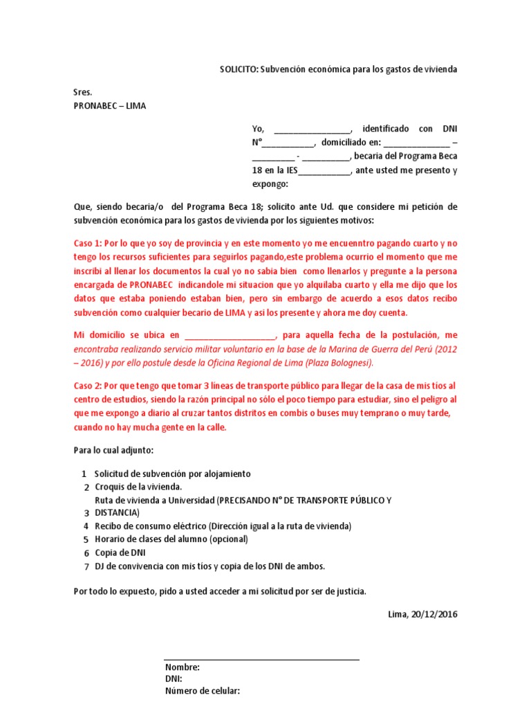 Modelo Solicitud Subvencion Vivienda Lima
