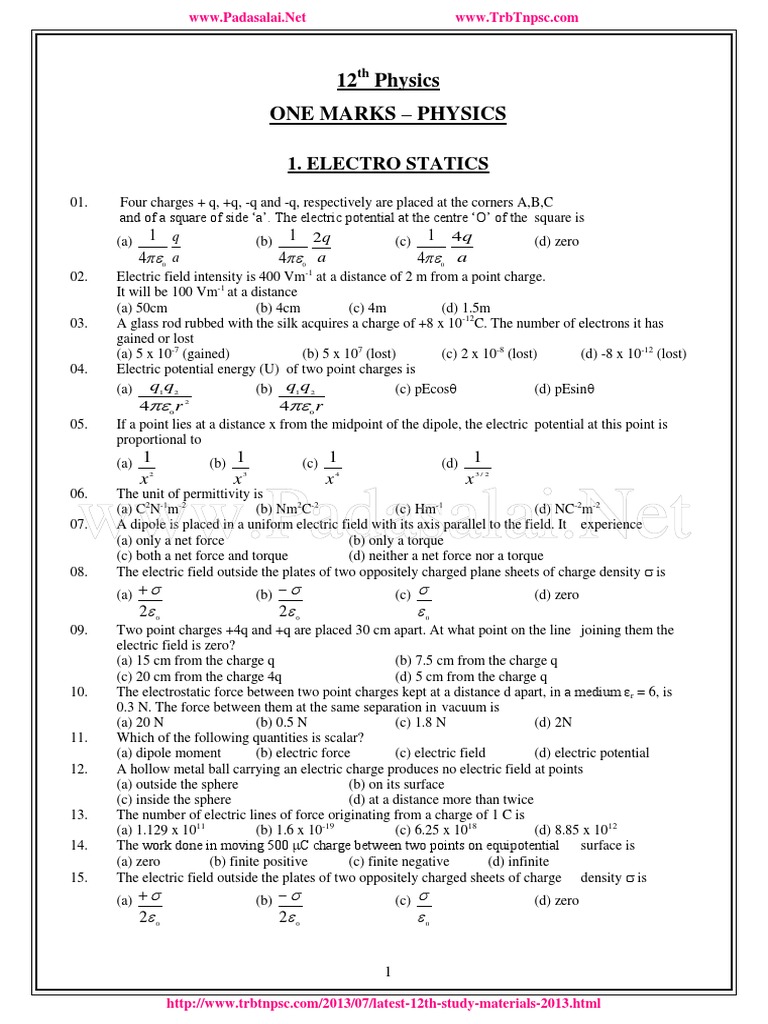 12th Physics One Mark Questions em PDF Capacitor Electrical