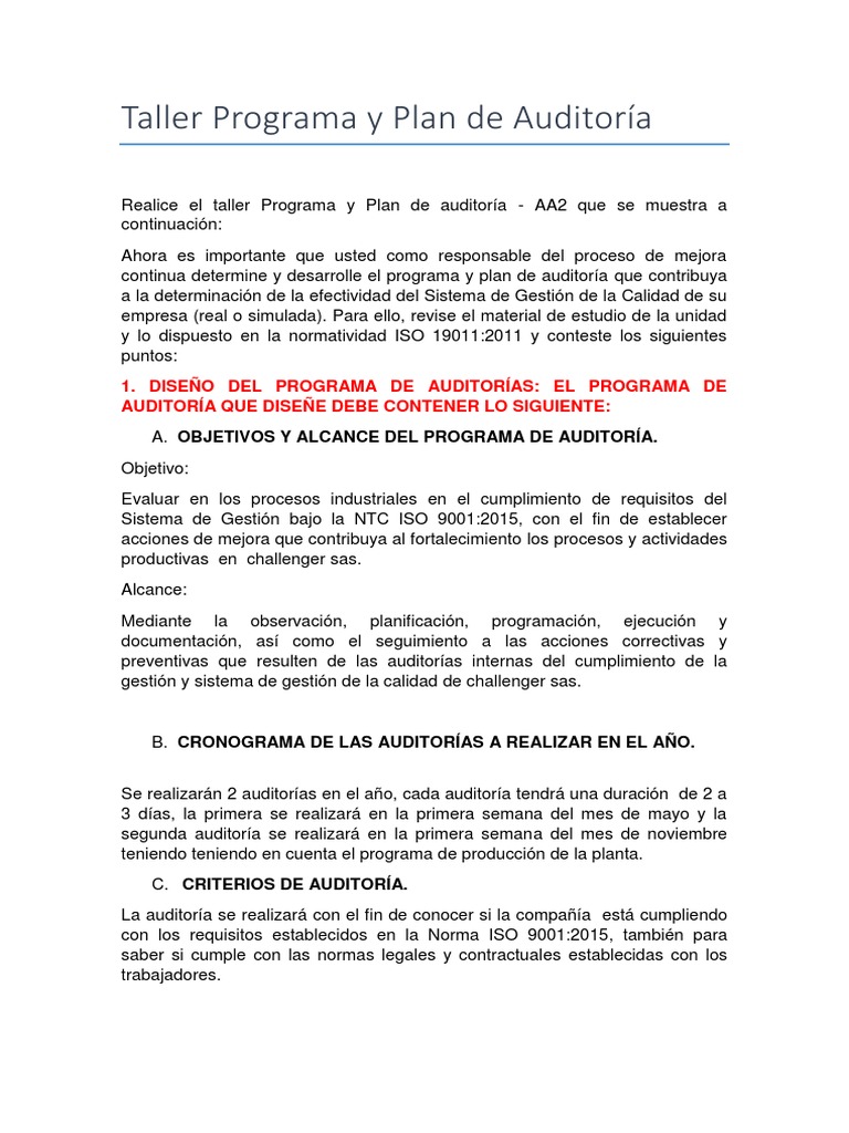 Programa y Plan de Auditoría AA2 | PDF | Calidad (comercial) | Gestión ...