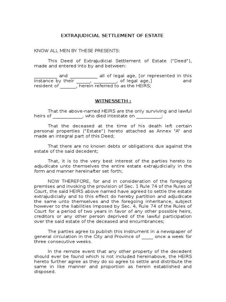 Extrajudicial Settlement of Estate Template Inheritance Deed