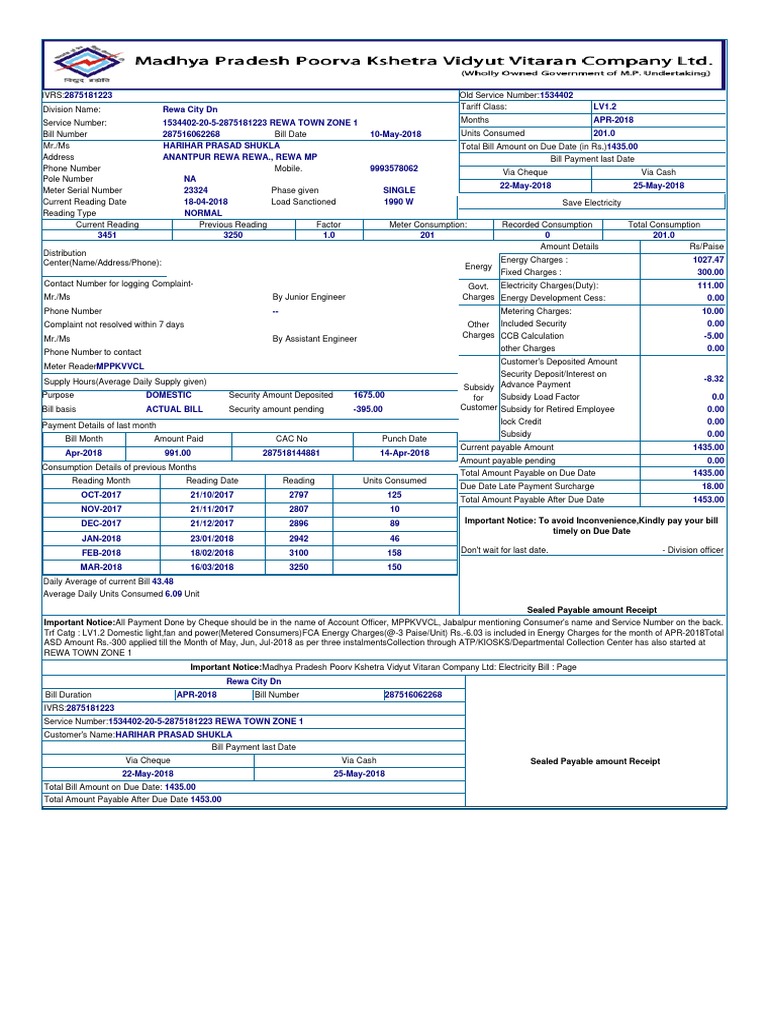 Electricity Bill Receipt2 Subsidy Payments