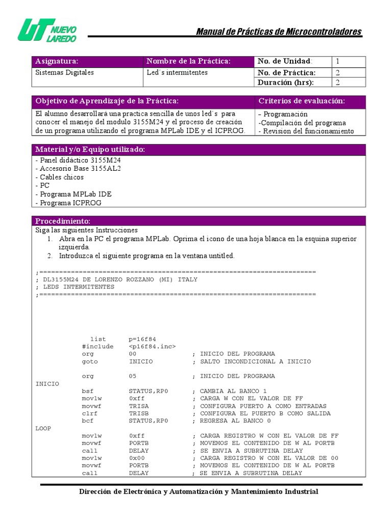 Práctica De Programación Con Microcontroladores Pdf Lenguaje
