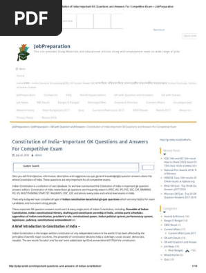 Constitution Of India Important Gk Questions And Answers For