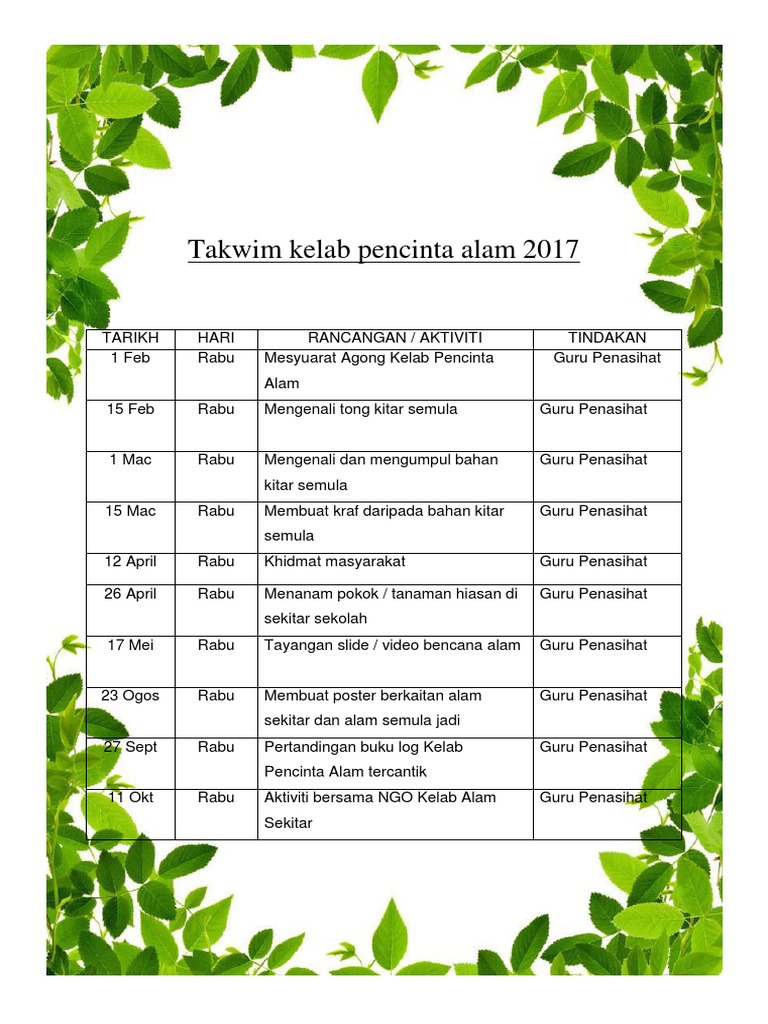 Takwim Kelab Pencinta Alam 2017 | PDF